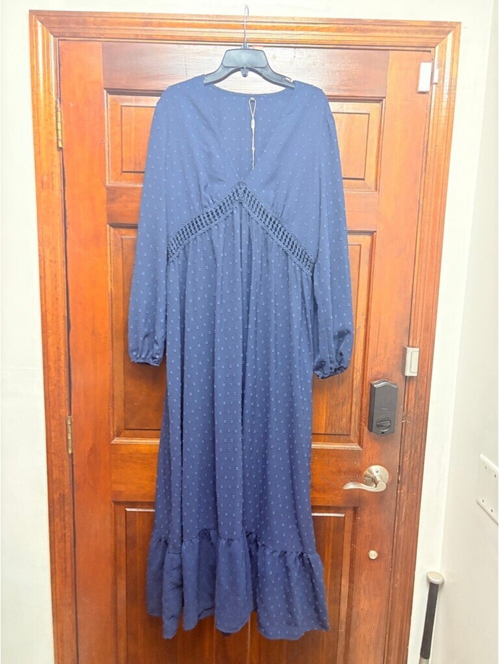 STYLEWORD Women's Long Sleeve V-Neck Crochet Cutout Swiss Dot Maxi Dress
